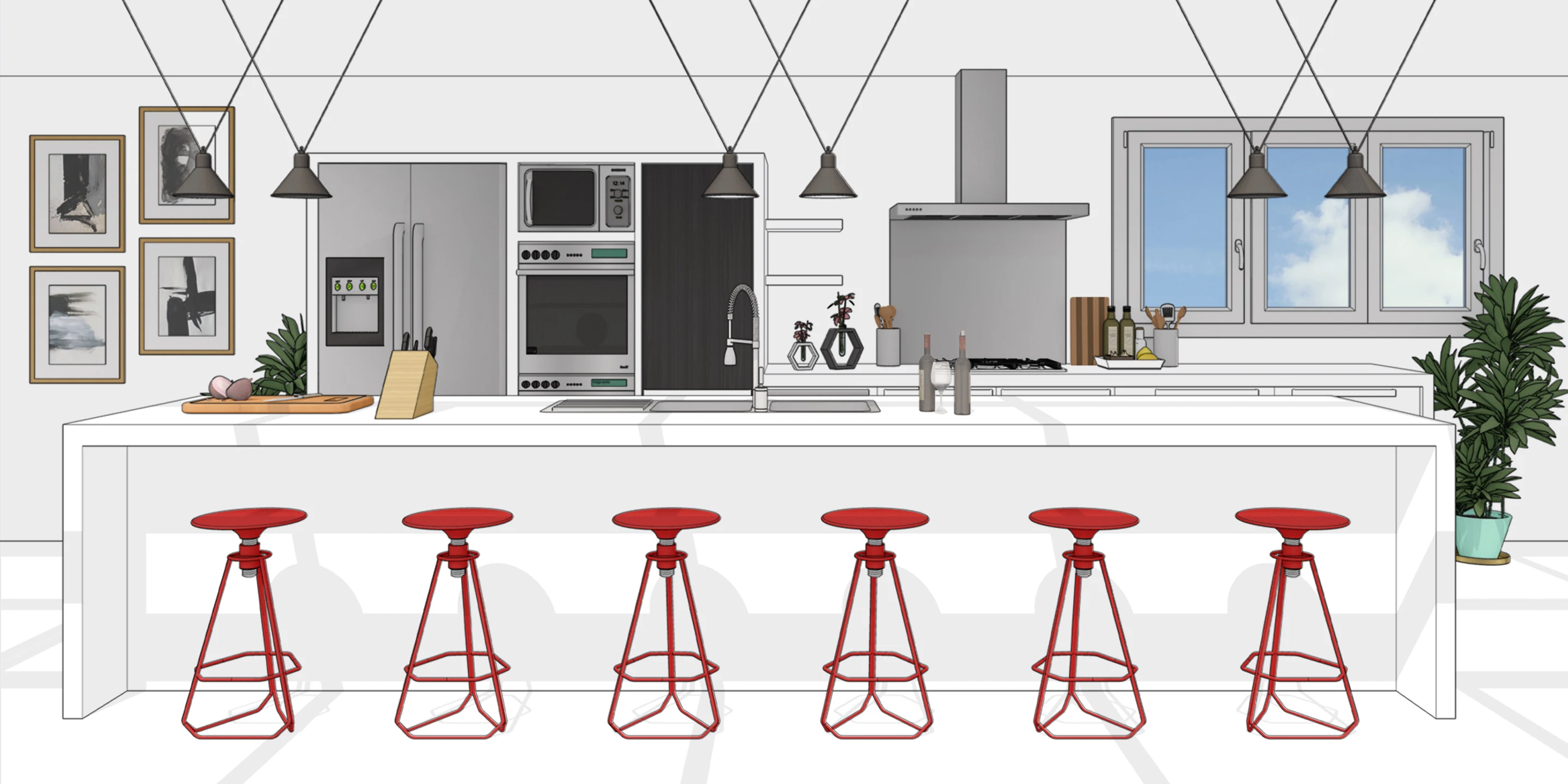 Kitchen model with cabinets, appliances and red bar stools