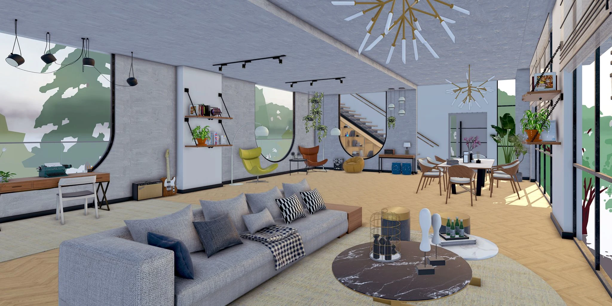 Residential living-room model with seating, a dining area and tall windows