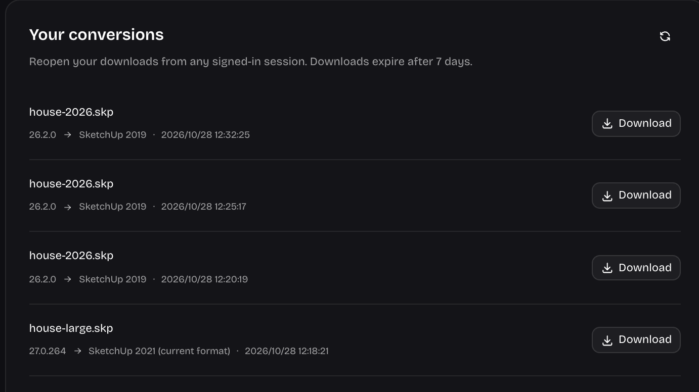 Account conversion history with completed model downloads