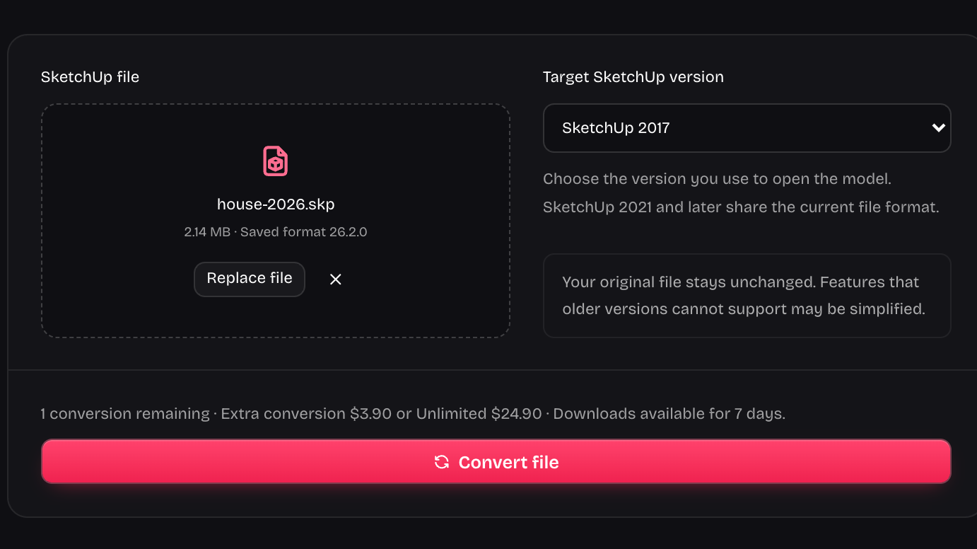 File and target-version controls in SketchUp Version Converter