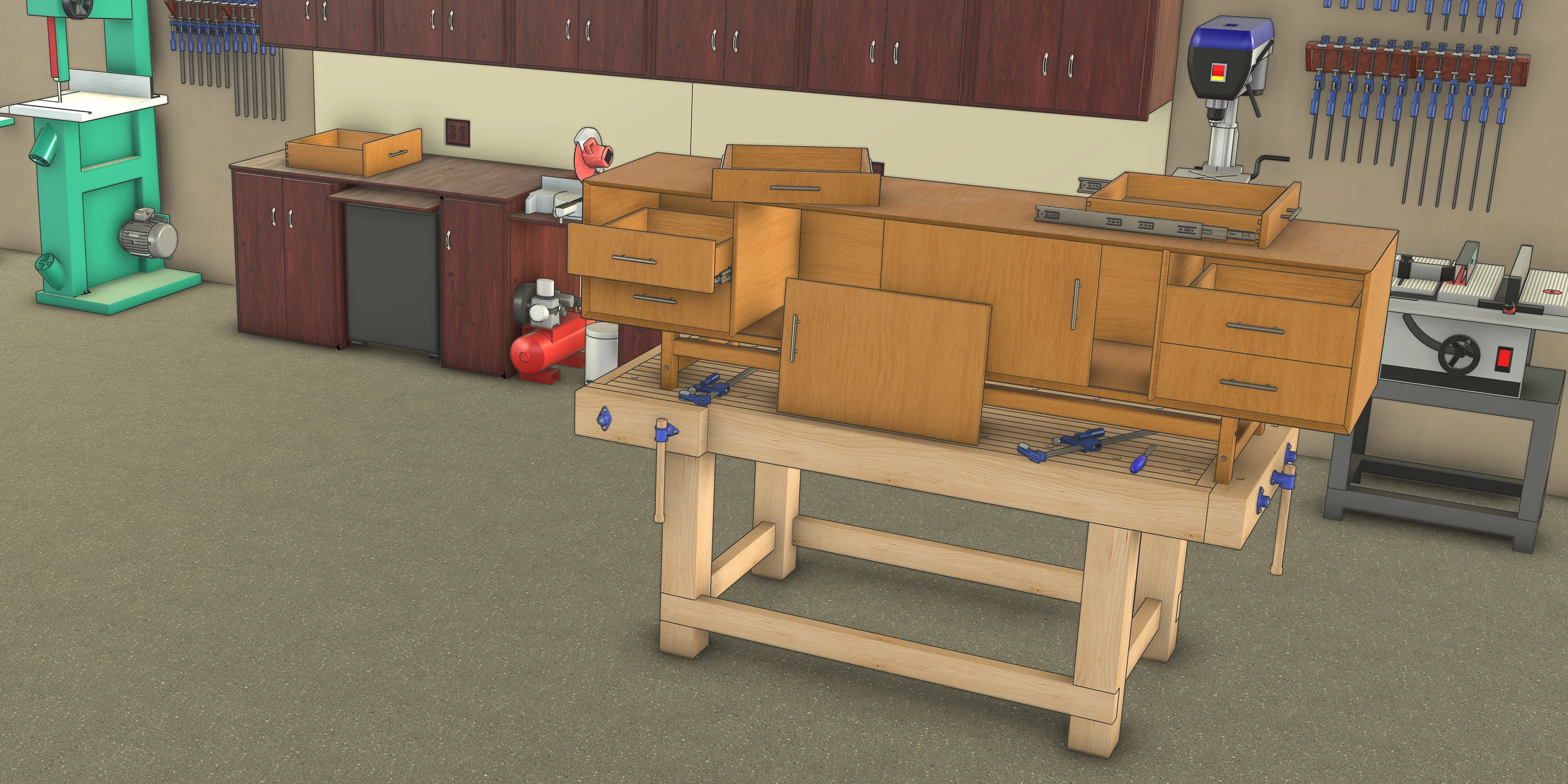 Woodworking shop model with a dresser and workbench