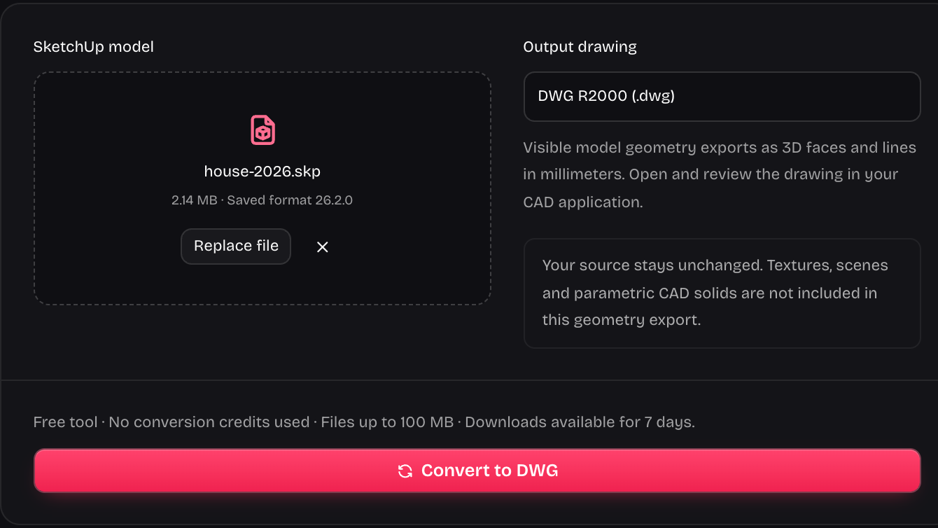 SKP upload controls for a DWG export